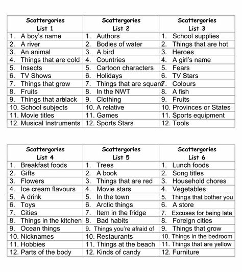 Printable+Scattergories+Lists+1 Scattergories Lists Printable Free, Scategories Lists, Scattergories Lists, Single Mingle, Scattergories Game, Scrabble Words, Reunion Games, Family Party Games, Lets Play A Game