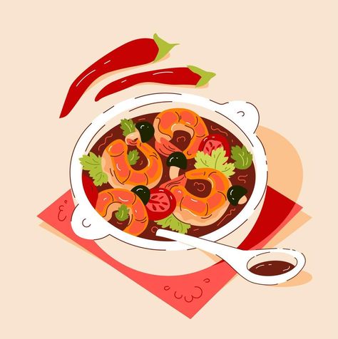 Tom Yum Soup. Sour-spicy soup with shrimp. Asian food. Vector illustration Spicy Food Illustration, Shrimp Asian, Soup With Shrimp, Food Vector Illustration, Tom Yum Soup, Food Vector, Food Ad, Tom Yum, Spicy Soup