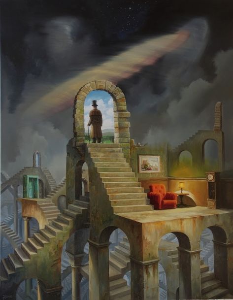 Labyrinth. Oil Paintings of Flying Machines and Architectural Surrealism. By Jarosław Jaśnikowski. Fantasy Surrealism Art, Dreams Artwork Surrealism, Surreal Dream Art, Surrealism Painting Dreams, Absurdism Art, Surrealist Art Surrealism Paintings, Dream Art Surrealism, Jaroslaw Jasnikowski, Labyrinth Painting