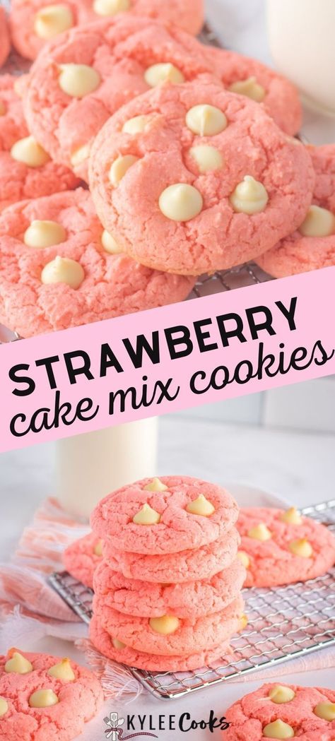 Essen, Munchie Food, Strawberry Cake Cookies, Cake Box Cookies, Strawberry Cake Mix Cookies, Box Cookies, Valentine's Day Dessert, Baking Treats, Chewy Chocolate Cookies