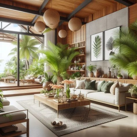 Escape To Paradise: Modern Tropical Style For Your Home | CozyProNest Tropical Luxe Living Room, Modern Jungle Living Room, Costa Rica Interior Design, Costa Rica Decor, Tropical Villa Interior, Modern Hawaiian Interior Design, Tropical Luxury House, Tropical Design Interior, Tropical Minimalist Interior