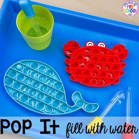 Increase fine motor skills and hand-eye coordination with water pop it activity for preschool, pre-k, and kindergarten! #preschool #prek #kindergarten #popit Bead Activities For Preschoolers, Preschool Occupational Therapy Activities, Pre K 3 Classroom Ideas, Fine Motor Crafts For Preschoolers, Pre K Math Activities, Pop It Activities, School Age Activities Daycare, Twos Classroom, Gross Motor Activities For Preschoolers