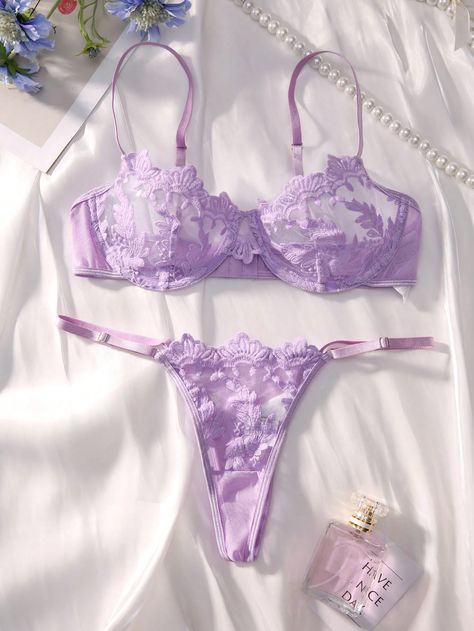 Lilac Purple  Collar   Plain Sexy Sets Embellished Non-Stretch  Women Sexy Lingerie & Costumes Purple Langere, Light Purple Lingerie, Purple Lingerie Set, Lilac Lingerie, Purple Lace Lingerie, Cute Lingerie Sets, Lingerie Purple, Colorful Lingerie, Purple Bra