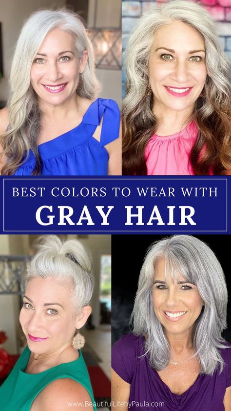 Best colors to wear with white, gray, silver or platinum hair. Also learn your skin undertone so you know what clothing colors will look best on you! | gray hair tips | gray hair fashion | silver hair tips | over 50 fashion Grey Hair And Glasses, Grey Hair With Bangs, Long Silver Hair, Silver White Hair, Grey Hair Over 50, Grey White Hair, Beautiful Gray Hair, Gray Hair Growing Out, Beautiful Hair Accessories