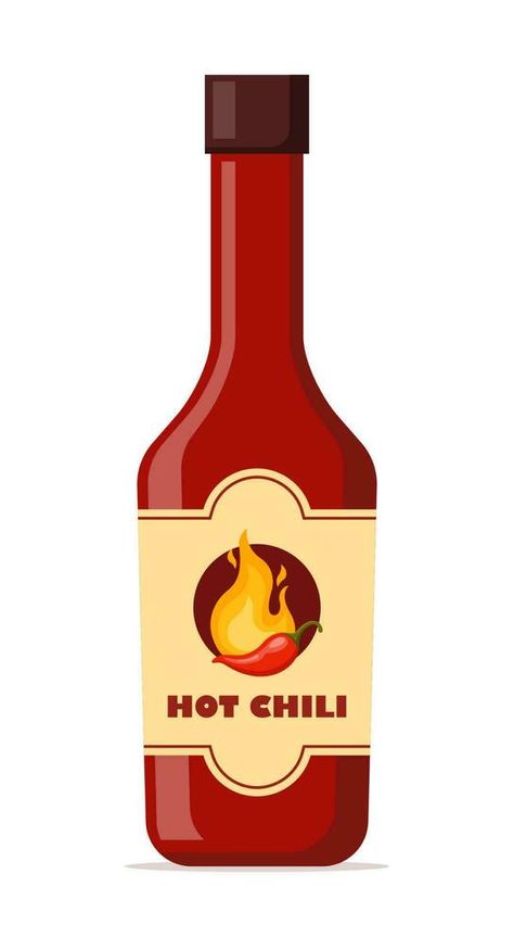 Spicy sauce in red bottle. Ketchup, hot tomato and chili sauce in bottle, red chili pepper and yellow fire on label. Vector illustration. Pepper Illustration, Sauce Illustration, Salsa Sauce, Red Chili Peppers, Sweet And Sour Sauce, Graphic Design Tutorials Photoshop, Chilli Sauce, Spicy Sauce, Vector Cartoon