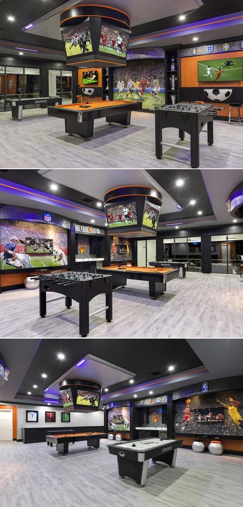 Furniture Sims 4 Cc, Man Cave Designs, Teen Basement, Gamer Room Diy, Deco Gamer, Room Ideas Men, Modern Game Room, Game Room Lighting, Small Game Rooms