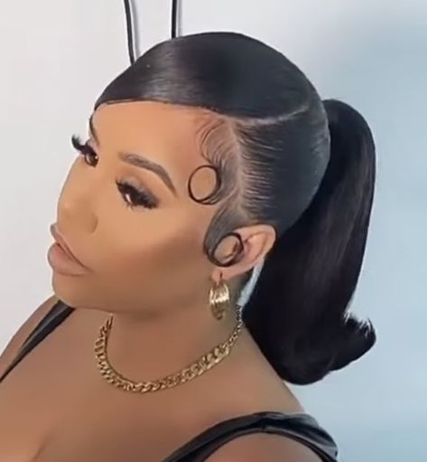 Front Swoop Ponytail, Side Part Curly Hair Edges, Ponytail Side Part Black Women, Two Barbie Ponytails With Swoop, Barbie Ponytail Swoop, Side Swept Ponytail Black Hair, High Side Part Ponytail, High Curly Ponytail With Swoop, Front Swoop Hair