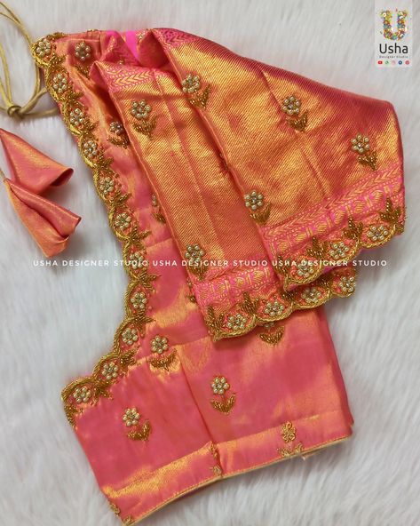 Tissue Pattu Blouse Work Designs, Patchwork, Simple Bridal Work Blouse Designs, Simple Designs Maggam Work, Pink Work Blouse Designs Latest, Muthyam Work Blouse Designs, Only Hands Maggam Work, Orange Colour Aari Work Blouse, Magam Simple Designs