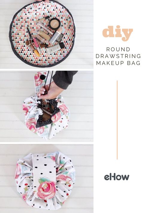 This DIY drawstring makeup bag will help you on your way to feeling more organized and will make it simple to sort, pack, and access your cosmetics anytime. Tela, Lay Flat Makeup Bag Pattern, Diy Drawstring Makeup Bag, Round Drawstring Makeup Bag Pattern, Drawstring Makeup Bag Pattern Free, How To Wrap Makeup As A Gift, Drawstring Makeup Bag Diy, Circle Drawstring Bag, Sew Scraps