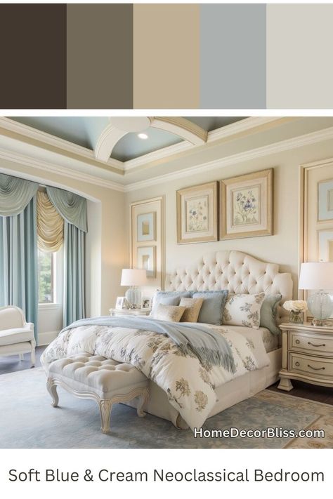 Neoclassical Bedroom: Blue and Cream Color Scheme Master Bedrooms Decor Classic, Classic Bedroom Paint Colors, Romantic Bedroom Paint Colors, Classic Bedroom Design Luxury, Roblox House Ideas, Blue And Cream Bedroom, Neoclassical Bedroom, Serene Interior, Modern Regency