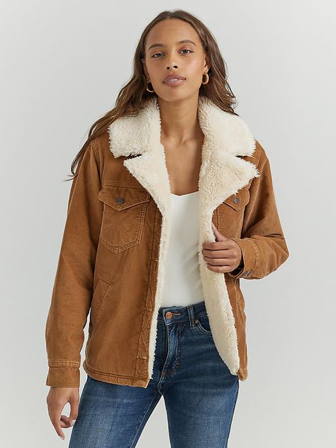 Women's Western Sherpa Lined Corduroy Wrange Coat | Women's JACKETS & OUTERWEAR | Wrangler® Jackets For Winter Cold Weather, Capsule Wardrobe Western, Wyoming Fall Outfits, Western Coats For Women, Wyoming Outfit Fall, Sherpa Coat Outfit, Western Winter Outfits Women, Winter Cowgirl Outfit, Winter Cowgirl