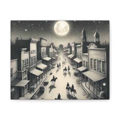 "Moonlit Riders: A Night in the Old West - Digital AI Wall Art on Stretched Canvas" reveals the essence of serene, starry night in a classic Western town. Under a luminous full moon, cowboys ride through a dusty street flanked by rustic saloons and storefronts. This piece seamlessly blends vintage charm with modern technology, making it a perfect addition to country decor. RAZL Ranch is a simple hobby farm that started in Colorado and has moved to Arkansas. As a Father of two, I wanted to find a way to get closer with my 11 year old daughter, Lexi. Using AI art, we design most of these together and then she helps post them and advertise them. It has generated some income which we use for her 4h projects and other farm needs. We also give 10% to support our local animal rescues. This has br 4h Projects, Cowboy Decor, Cowboy Decorations, Western Town, A Starry Night, Hobby Farm, The Old West, Hobby Farms, Horse Rider