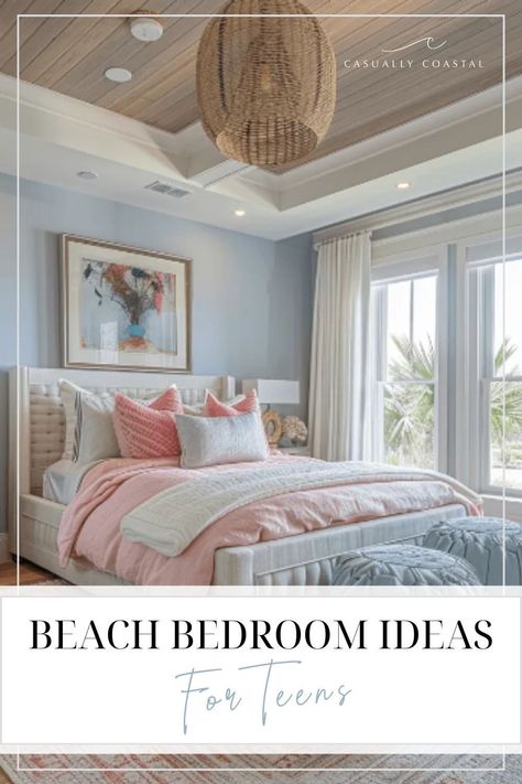 Looking for teen bedroom ideas for girls? Check out our guide to learn some classic ways to create the beach oasis of their dreams! Large Master Room Ideas, Beach Theme Master Bed, Peach Coastal Bedroom, Beach House Main Bedroom, Pink Boho Beach Bedroom, Blue Room With Pink Accents, Blue Bedroom Teenage Girl, Beachy Master Bedrooms Decor, Blue And Pink Aesthetic Bedroom