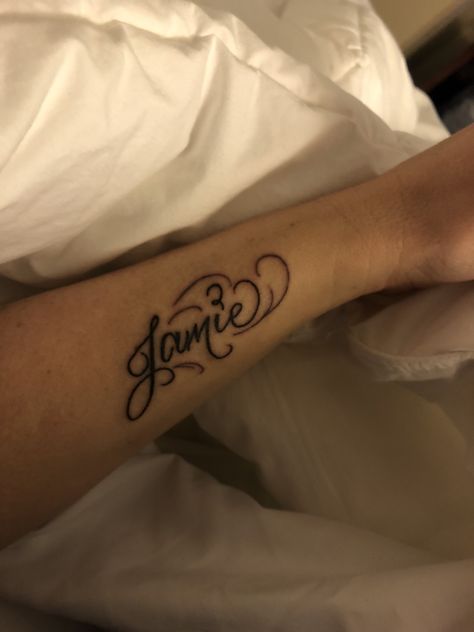 “Jamie” tattoo on females wrist Snoopy, Jamie Tattoo Name, Jamie Name Tattoo, Wrist Tattoos With Names, Jamie Tattoo, Jamie Name, Snoopy Tattoo, Name Tattoos On Wrist, Creative Soul