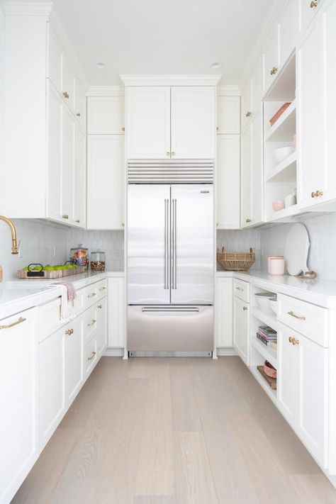 White Transitional Galley Kitchen White Galley Kitchen, White Transitional Kitchen, Kitchen Galley, Galley Kitchen Layout, Small Galley Kitchen, Galley Kitchen Design, Galley Kitchen Remodel, Galley Style Kitchen, Galley Kitchens