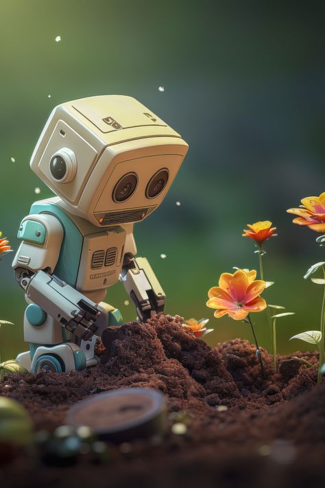 funny cute robot in the garden Nature, Robot Flower, Griffin Art, Robot Cute, Anemone Bouquet, Sentient Beings, Cute Robot, Spending Time In Nature, Vet School