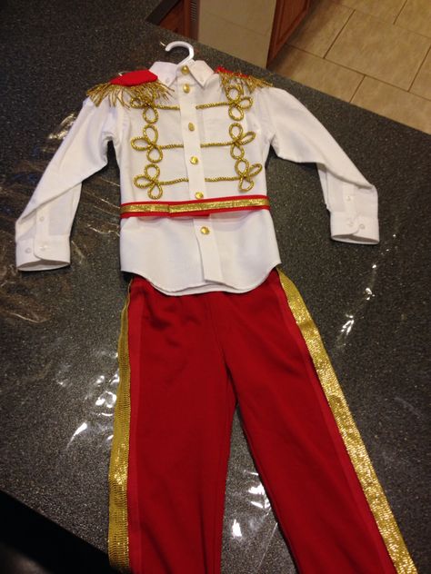 Homemade Prince Charming costume. Red pants with gold ribbon applied with Velcro. Sewed on gold buttons and applied all other accents applied with a hot glue gun. Couture, Nutcracker Prince Costume, Diy Prince Charming Costume, Diy Prince Costume, Prince Costume Diy, Prince Costume For Kids, Kids Book Character Costumes, Halloween Block Party, Prince Charming Costume