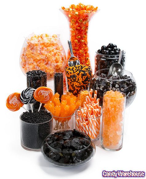 Halloween Candy Buffet    A delicious assortment of sweets in colors of black and orange will make this fun candy buffet the hit of your Halloween party or event Harley Davidson Baby Shower, Orange Candy Buffet, Halloween Candy Buffet, Biker Party, Motorcycle Party, Halloween Candy Bar, Bar A Bonbon, Halloween Punch, Halloween Fruit