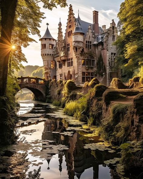 Nature, Castle In Woods, Cottagecore Castle, Tulip Landscape, Medieval Homes, Bloxburg Castle, Summer Castle, Beauty Layout, Mountain Castle