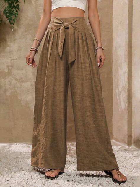 SHEIN Clasi Women Fashionable Loose Fit Wide-Leg High-Waisted Long Pants | SHEIN USA Comfy Pants For Work, Earthy Hippie Outfits, Brown Summer Outfits, Boho Flowy Pants, Flowy Pants Outfit, Wide Leg Pants Outfit, Bohemian Pants, Earthy Outfits, Boho Fashion Summer