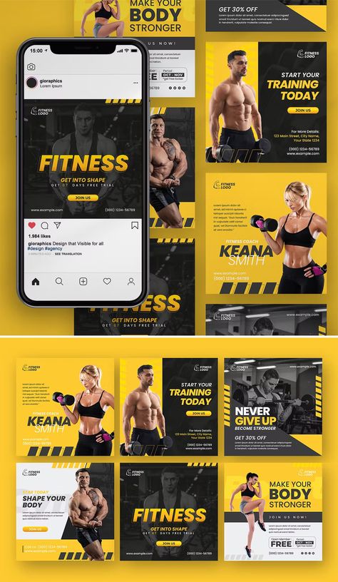 6 Fitness Gym Instagram Post Template AI, PSD Social Media Fitness, Instagram Grid Design, Gym Center, Fitness Marketing, Shape Fitness, Gym Poster, Social Design, Sports Design Inspiration, Workout Posters