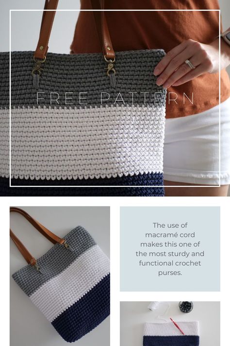 Crochet Bag With Macrame Cord, Macrame Cord Crochet Patterns, Macrame Cord Crochet Bag, Functional Crochet Ideas, Crochet With Macrame Cord, Crochet Macrame Bag, Simple Crochet Bag, Crochet Bag Free Pattern, Functional Crochet