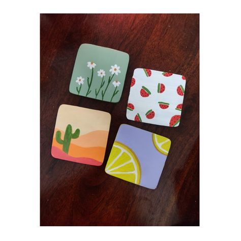 Diy Coaster Painting, Pottery Painting Tile Ideas, Easy Tile Painting Art, Mdf Coasters Diy, Diy Coasters Wooden Painted, Coaster Ceramic Ideas, Magnet Canvas Painting, Diy Tea Coasters, Diy Coaster Designs Ideas