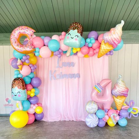 Sweets Balloon Garland, How Sweet To Be 5 Birthday Party, Two Sweet Party 2nd Birthday Balloons, Two Sweet Balloon Arch, Four Ever Sweet Birthday Decorations, Candy Decorations Diy Birthday Parties, Five Is So Sweet Party, Two Sweet Backdrop Ideas, Sweet One Bday Party