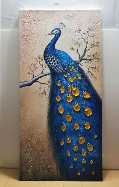 Pai, Peacock Painting On Canvas Acrylics, Vertical Paintings, Painting Easy Acrylic, Button Tree Art, Peacock Canvas, Bird Paintings On Canvas, 6 Elements, Design Art Nouveau