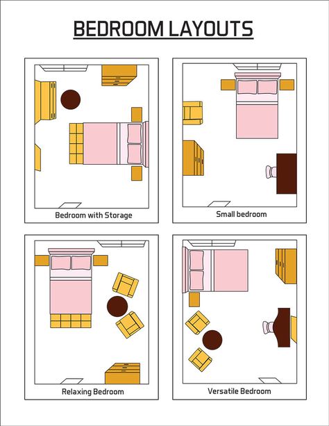 Let's take a look at some of the most popular bedroom layout ideas. Space planning is the first priority of professional designers. The $500 ultra-luxe duvet will not matter if your space is poorly planned. The layout, or space planning, of your bedroom is the most important aspect of your... Bilik Perempuan, Bedroom Layout Ideas, Bedroom Layout Design, Bed Layout, Kad Nama, Small Bedroom Layout, Bilik Idaman, Hiasan Bilik Tidur, Bedroom Arrangement