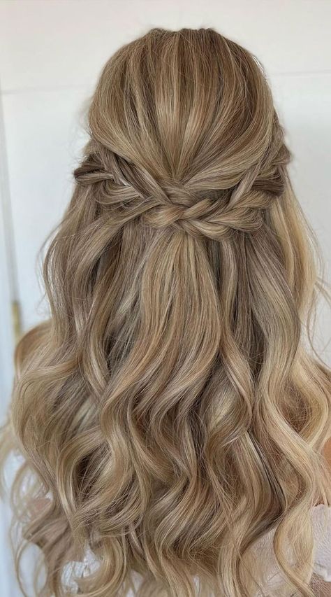 Half Up Half Down Elegant Hairstyles, Wedding Half Up Half Down With Veil, Grad Hairstyles, Bridesmaid Hair Inspo, Loose Braid, Curled Hairstyles For Medium Hair, Braid Twist, Bridemaids Hairstyles, Cute Prom Hairstyles