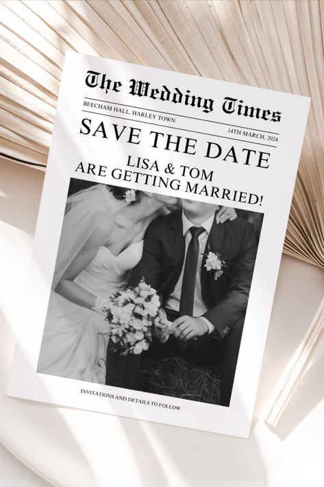 Save The Date With Picture, Newspaper Wedding Announcement, Newspaper Invitation, Newspaper Wedding Invitations, Gossip Girl Party, Wedding Invite Design, Engagement Announcement Cards, Save The Date With Photo, Young Wedding
