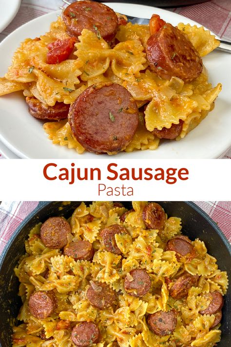 Collage of Cajun Sausage Pasta in a skillet and on a plate on a red and white plaid napkin Cajun Sausage Pasta, Keilbasa Recipes, Smoked Sausage Pasta, Sausage Crockpot, Sausage Recipes For Dinner, Cajun Sausage, Smoked Sausage Recipes, Sausage Dinner, Sausage Pasta Recipes