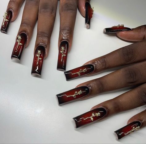 Dark Nail Acrylic, Red Nail With Black Tip, Dark Red Acyrilics Nails, Red And Black Acrylic Nails Y2k, Coffin Burgundy Nails Acrylics, Gothic Aura Nails, Red And Gold Nails With Rhinestones, Aura Halloween Nails, Dark Red Nails On Black Women