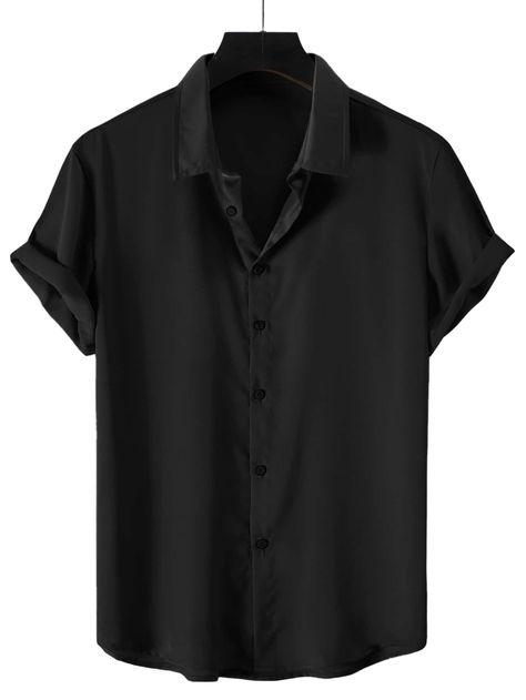 Black Casual Collar Short Sleeve Satin Plain Shirt Embellished Non-Stretch Summer Men Tops Black Button Up Shirt, Shirt Outfit Men, Satin Shirt Dress, Black Button Down Shirt, Guys Clothing Styles, Satin Shirt, Plain Shirts, Black Shirt Dress, Short Sleeve Button Up