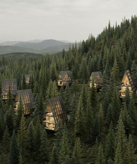 Mountain Resort Architecture, Resort Concept, Alpine Hotel, Forest Hotel, Mountain Villa, Outdoor Living Deck, Tree Interior, Mountain Hotel, A Frame Cabins