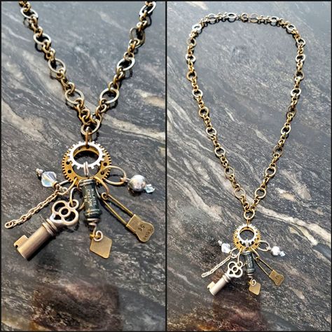 Mixed Metal, Trinket Necklace Boho, Industrial, Rustic Pairs Perfectly With #Magnoliapearl And #Freepeople Trinket Necklace, Steampunk Journal, Boho Industrial, Charm Ideas, Mixed Media Necklace, Rosary Style Necklace, Altered Art Jewelry, Jewelry Wax, Found Object Jewelry