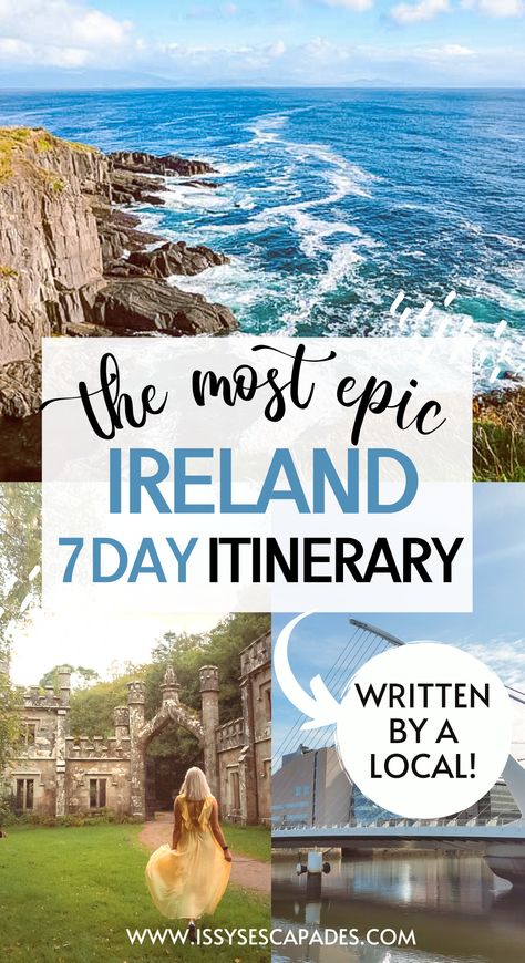 destinations from a 7 day ireland itinerary - waves crashing against cliffs on slea head,  girl in yellow dress walking towards a dreamy castle, and the modern samuel beckett bridge in dublin reflected in the river liffey under blue skies. Ireland Road Trip Itinerary, Irish Vacation, Ireland Honeymoon, Galway Girl, Ireland Road Trip, Ireland Itinerary, Visit Dublin, Ireland Travel Guide, Travel Ireland