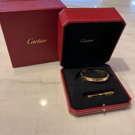 Cartier love bracelet, with box, screwdriver, and authenticity certificate. Cartier Bracelet Aesthetic, Carrier Bracelet, Cartier Love Bracelet Diamond, Cartier Gift, Rich Baddie, Unrealistic Wishlist, Big Wedding Rings, Board Pictures, 20th Birthday Gift