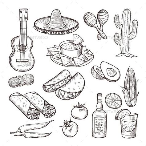 Mexican Culture Elements for $6 - Envato #BestDesignResources Tequila Tattoo Ideas, Mexican Symbols Tattoo, Tequila Shot Tattoo, Sombrero Tattoo, Taco Tattoo, Mexican Illustration, Koch Tattoo, La Muerte Tattoo, Mexico Tattoo