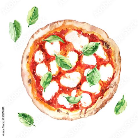 Margarita Illustration, Pizza Margarita, Margarita Pizza, Pizza Art, Drawing Ideas List, Painted Illustration, Delicious Pizza, Paint And Sip, Caprese Salad