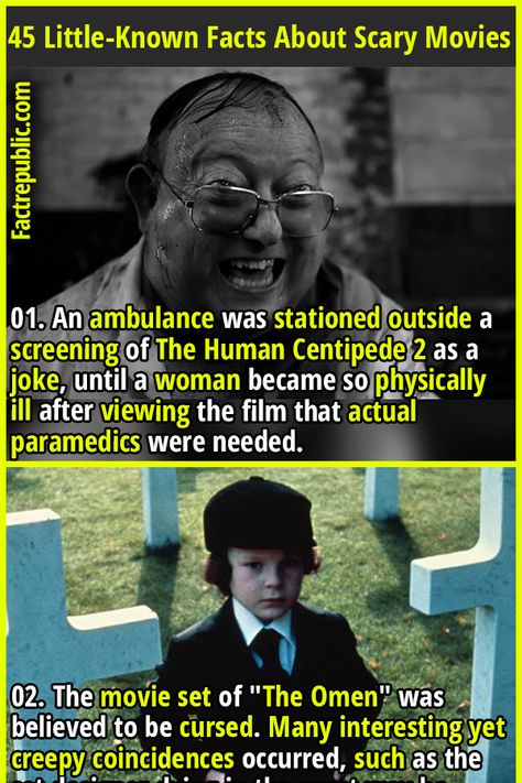 01. An ambulance was stationed outside a screening of The Human Centipede 2 as a joke, until a woman became so physically ill after viewing the film that actual paramedics were needed. #movies #films #hollywood #scary #horror #didyouknow Weird True Stories, The Human Centipede, Human Centipede, Film Facts, Fun Facts Scary, Creepy History, Best Ghost Stories, Scary Films, Fact Republic