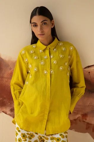 Shop for Kanelle Green Embroidered Linen Shirt for Women Online at Aza Fashions Embroidered Linen Shirt, Women Shirt Designs, Morocco Fashion, Bakra Eid, Long Floral Skirt, Fancy Shirt, Making Fabric Flowers, Olive Shirt, Color Combinations For Clothes