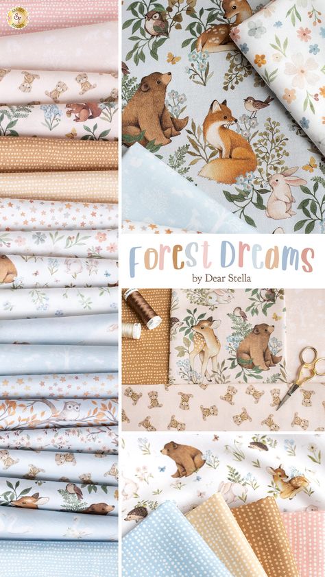 Available May 2023! Forest Dreams from Dear Stella is a darling collection printed in their unique designs featuring woodland creatures and soft colors that paint a charming scene. These fabrics would complement a nursery or simply add a touch of nature to your home's decor. Get Forest Dreams by the yard and in fat quarter precut fabric sets and brighten your home today! Nature, Woodland Fabric By The Yard, Dear Stella Quilt Patterns, Baby Boy Fabric Collections, Baby Quilt Patterns Woodland Forest Animals, Woodland Creatures Quilt, Woodland Baby Quilt Pattern, Woodland Baby Quilt Girl, Forest Baby Quilt