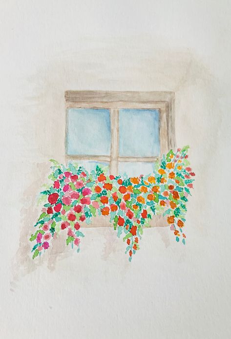 Cute Painting Ideas Watercolor, Watercolor Inspo Aesthetic Easy, Painted Flowers Watercolor, Watercolour Window Painting, Window Watercolor Painting Easy, Art Inspo Watercolour Easy, Cool Things To Watercolor, Flower Window Drawing, Simple Easy Watercolor Paintings