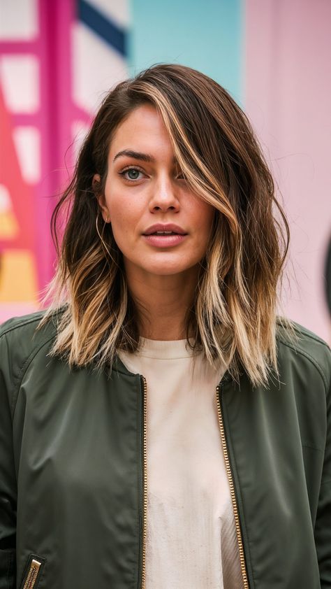 Balayage, Summer Brunette Hair Short, Shoulder Length Hair With Balayage, Balayage Hair Shoulder Length, Balayage Shoulder Length Hair, Brunette Bob With Highlights, Low Maintenance Brunette Balayage Hair, Dark Brunette Balayage, Dark Ombre Hair