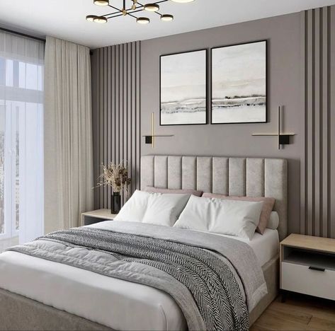 Ceiling Designs For Small Bedrooms, Bedroom High Ceiling Ideas, Gray And Tan Bedroom, Painted Room Ideas, Accent Wall With Window, Bedroom Wall Panelling, Modern Minimalist Bedroom, Stylish Bedroom Design, Minimalist Bedroom Design
