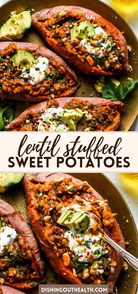 Red Lentil And Sweet Potato Recipes, Best Stuffed Sweet Potato Recipes, Vegan Mexican Stuffed Sweet Potatoes, Vegetarian Stuffed Sweet Potato Recipes, Sweet Potato Lentil Recipes, Loaded Sweet Potato Vegetarian, Stuffed Sweet Potatoes Vegan, Stuffed Sweet Potato Vegetarian, High Protein Stuffed Sweet Potato