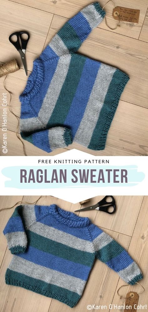 Raglan Sweater Free Knitting Pattern Who doesn't know the power of horizontal stripes yet? We all do! Knit this simple sweater with classic cut and neckline for your little bundles of joy to wear this season. You can go for cool tones like the brilliant author did or choose something different instead. #knitpullover #knitchildrenpullover #knitsweater #knitchildrensweater #freeknittingpattern Kids Sweater Pattern, Boys Knitting Patterns Free, Knitting Patterns Boys, Baby Cardigan Knitting Pattern Free, Kids Knitting Patterns, Baby Boy Knitting Patterns, Knitting Patterns Free Sweater, Jumper Knitting Pattern, Baby Sweater Patterns