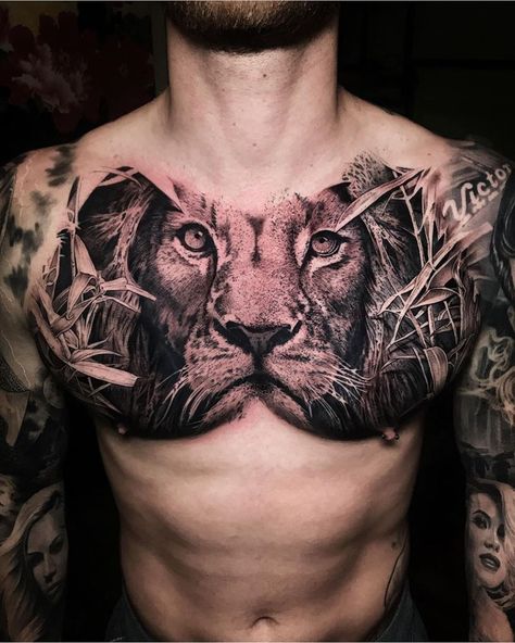 Chest Piece Tattoo Mens, Impressive Tattoos, Shoulder Cover Up Tattoos, Chest Neck Tattoo, Family Sleeve Tattoo, Lion Chest Tattoo, Flower Neck Tattoo, Lion Shoulder Tattoo, Chest Tattoo Drawings